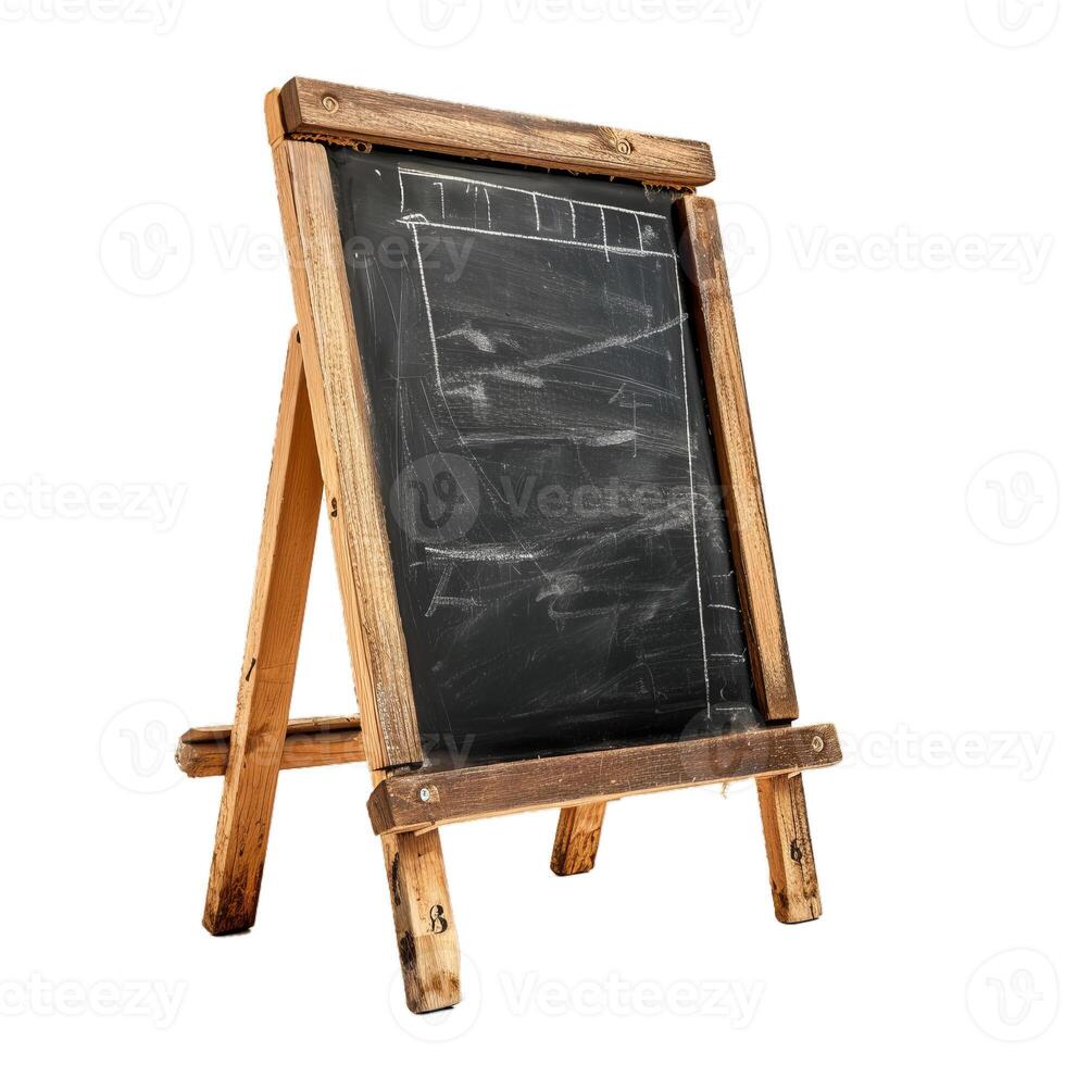 Old wooden easel chalkboard showing signs of wear isolated on white background photo