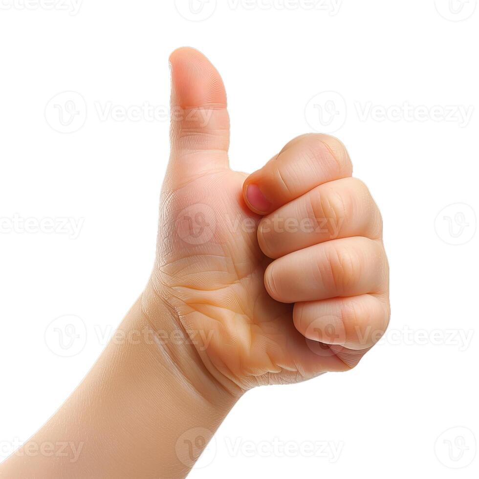 Child hand showing thumbs up gesture on white background photo