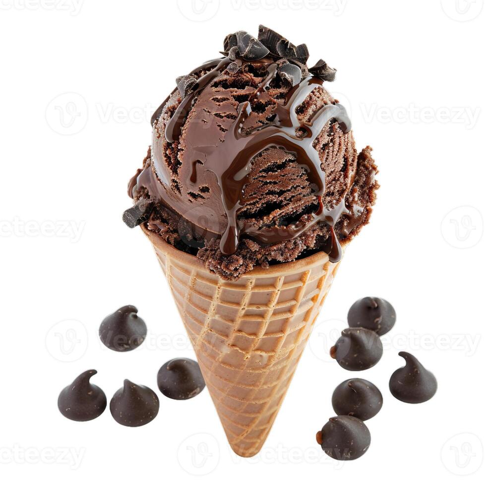 Chocolate ice cream cone dripping with chocolate sauce on white background photo