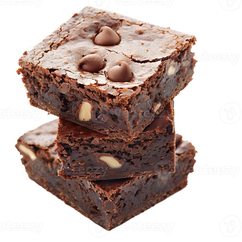 Stack of three delicious chocolate brownies is tempting dessert lovers photo
