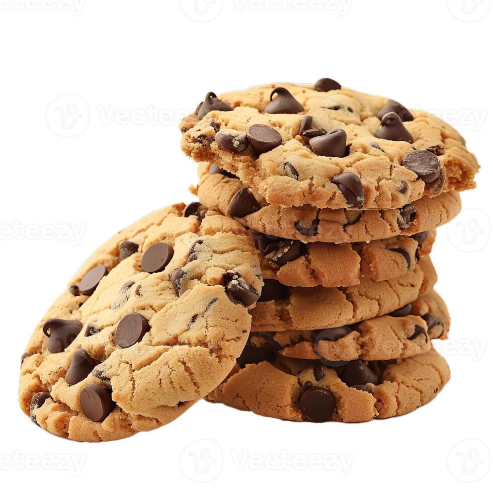 Stack of delicious chocolate chip cookies isolated on white background photo