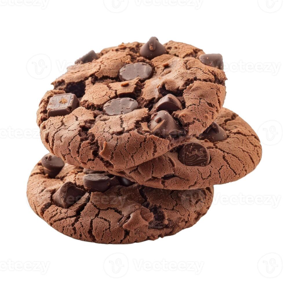 Three chocolate chip cookies stacked on white background photo