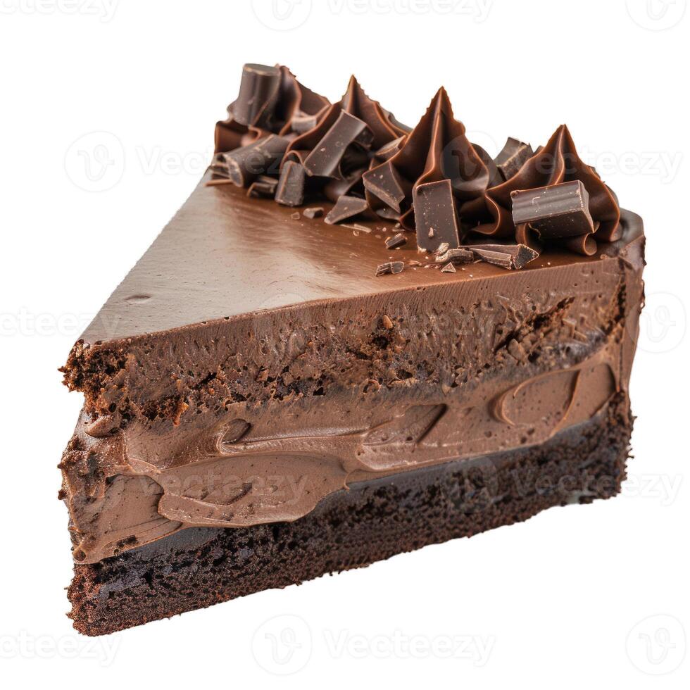 Delicious chocolate cake slice covered with chocolate cream and shavings photo