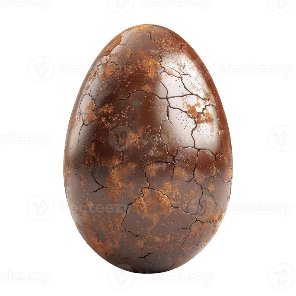 Chocolate easter egg showing a cracked and textured surface on white background photo