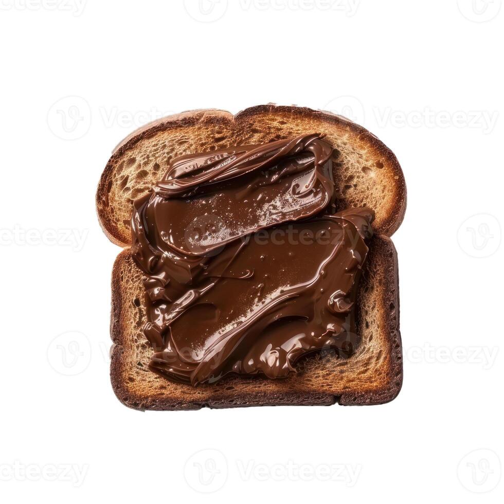 Toasted bread slice with chocolate spread on white background photo