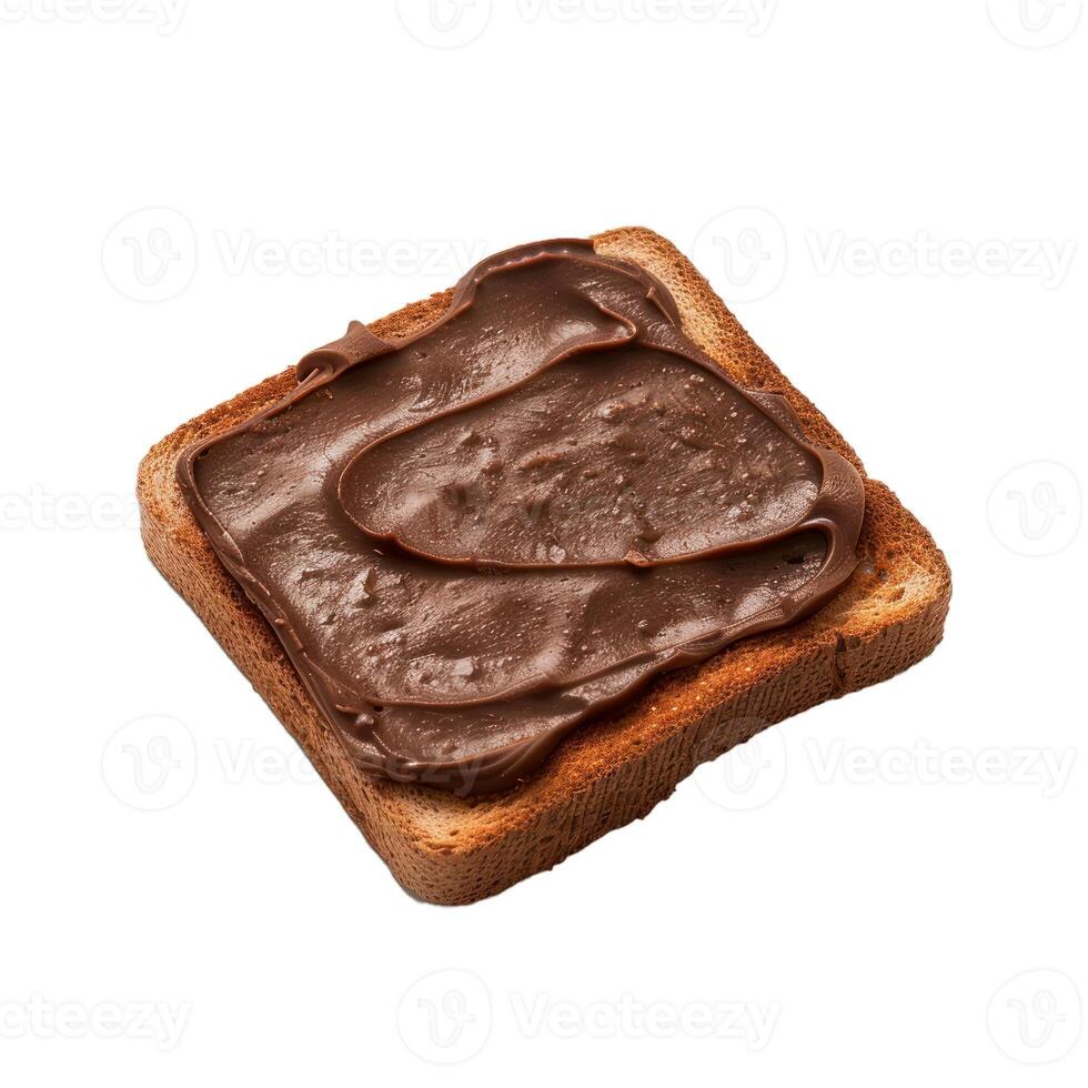 Toasted bread slice with chocolate hazelnut spread on white background photo