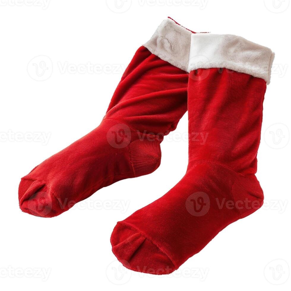 Pair of red christmas stockings waiting for presents photo