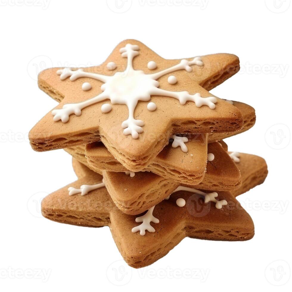 Pile of gingerbread star cookies forming a stack with a white background photo