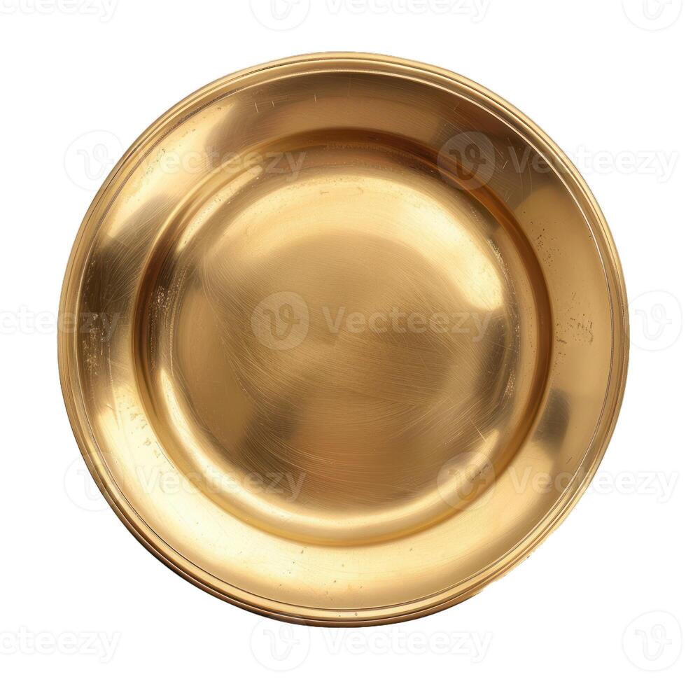 Empty golden plate isolated on white background photo