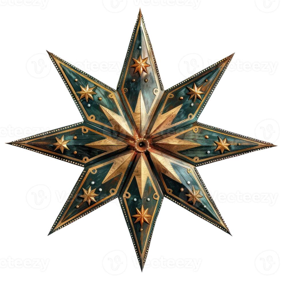 Large metallic eight pointed star ornament hanging on white background photo