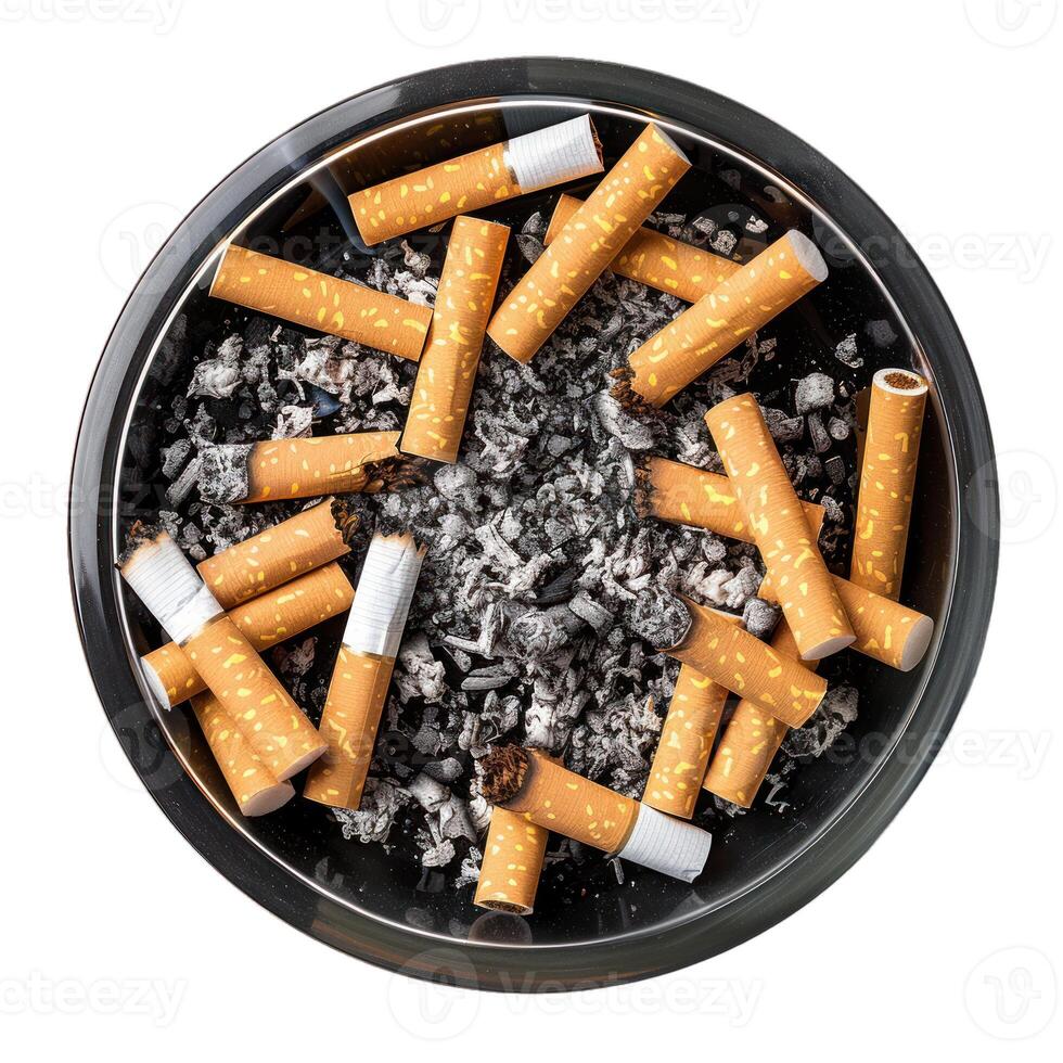 Round ashtray full of cigarette butts and ash on white background photo