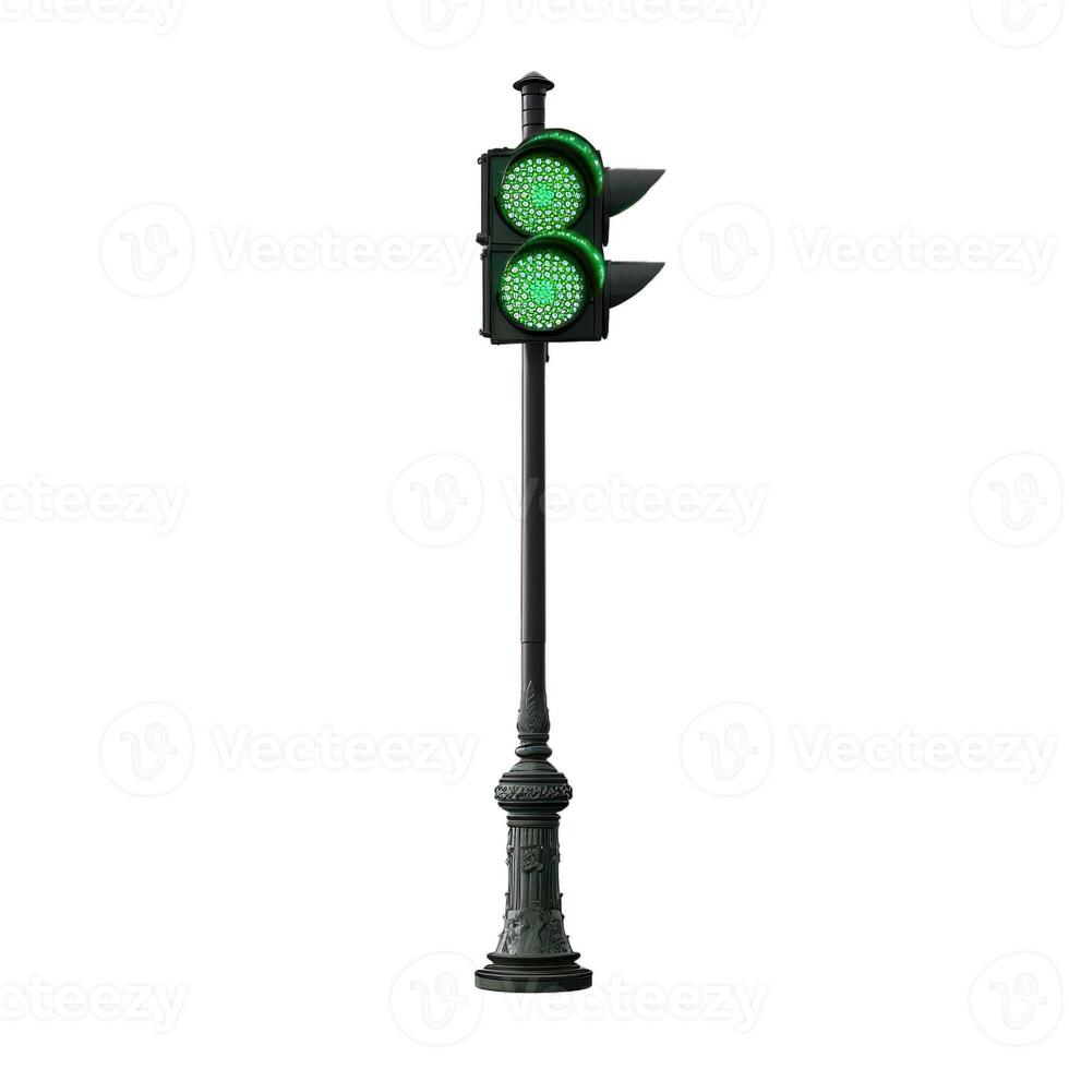 Green traffic light showing go signal on white background photo