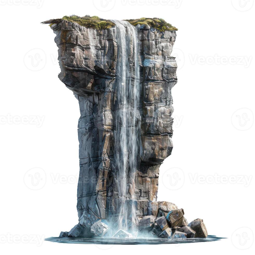 Isolated waterfall cascading from a precipice into tranquil waters photo
