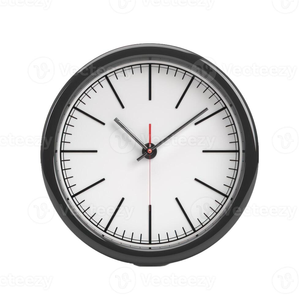Classic analog clock face telling time on white background photo