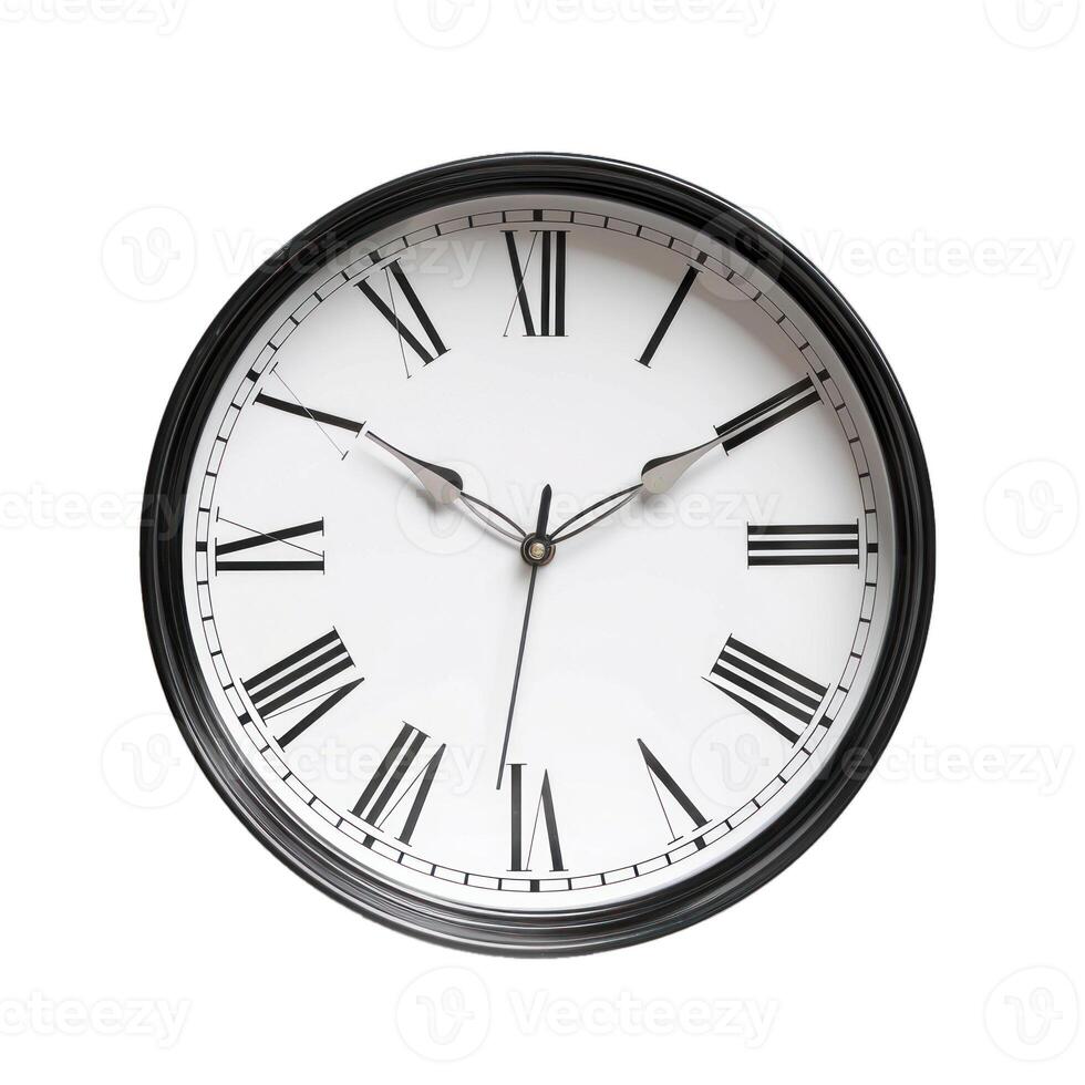 Classic clock face with black frame showing eleven o'clock on white background photo