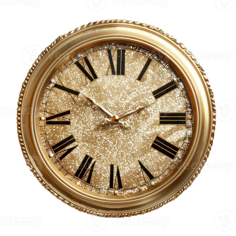 Golden clock face showing five minutes past seven o'clock photo