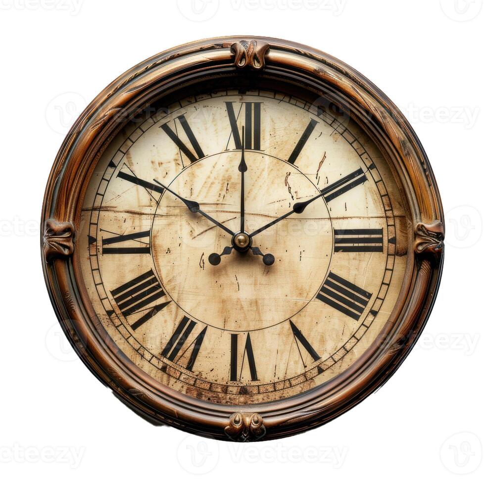 Antique clock face showing five o'clock on white background photo