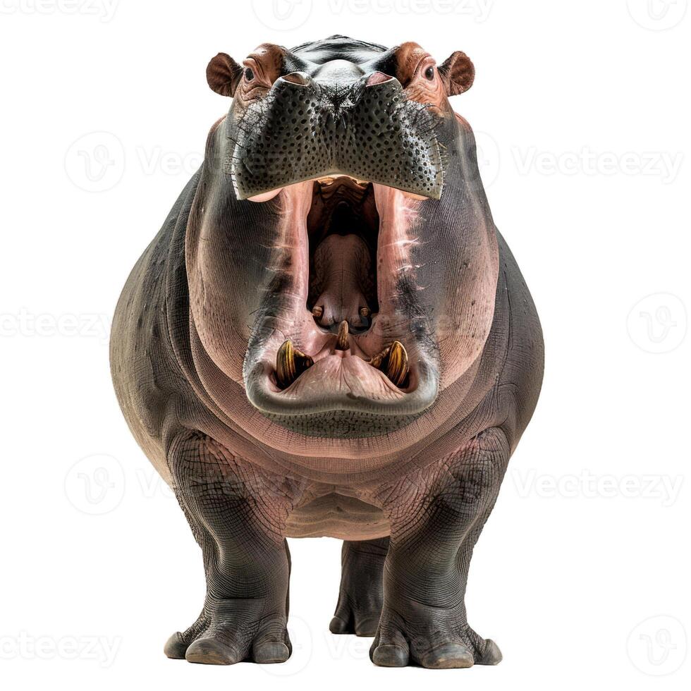 Common hippopotamus standing facing forward and opening its mouth wide, isolated on white photo