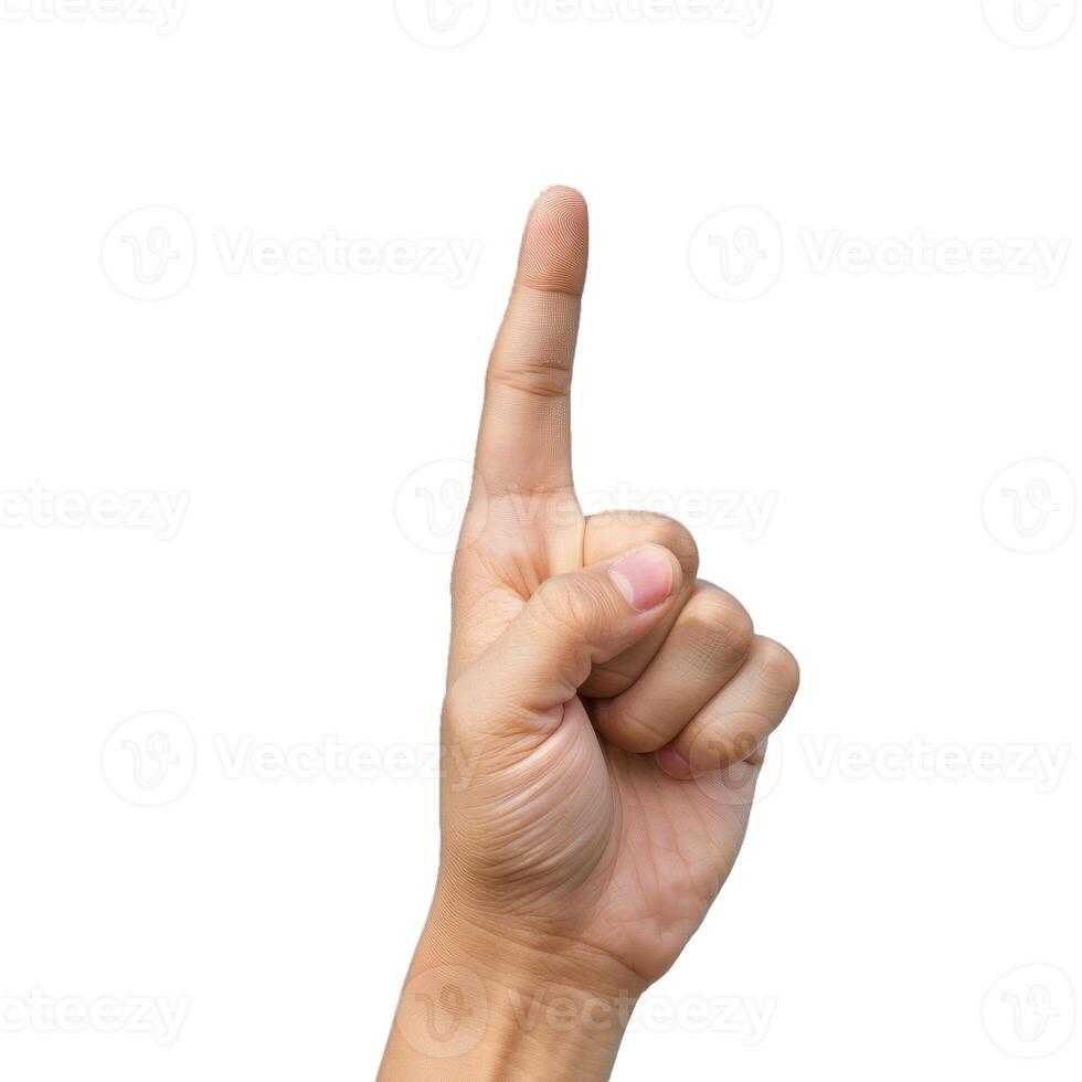 Hand gesturing with index finger pointing upwards photo