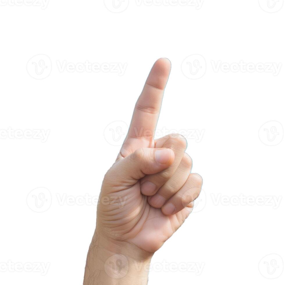 Male hand pointing up with index finger on white background photo