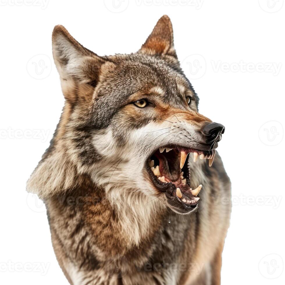 Eurasian wolf snarling with its mouth open showing its teeth photo