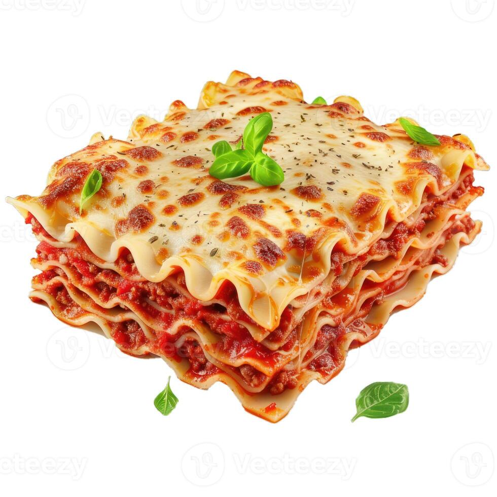 Delicious lasagna bolognese with melted cheese and basil photo