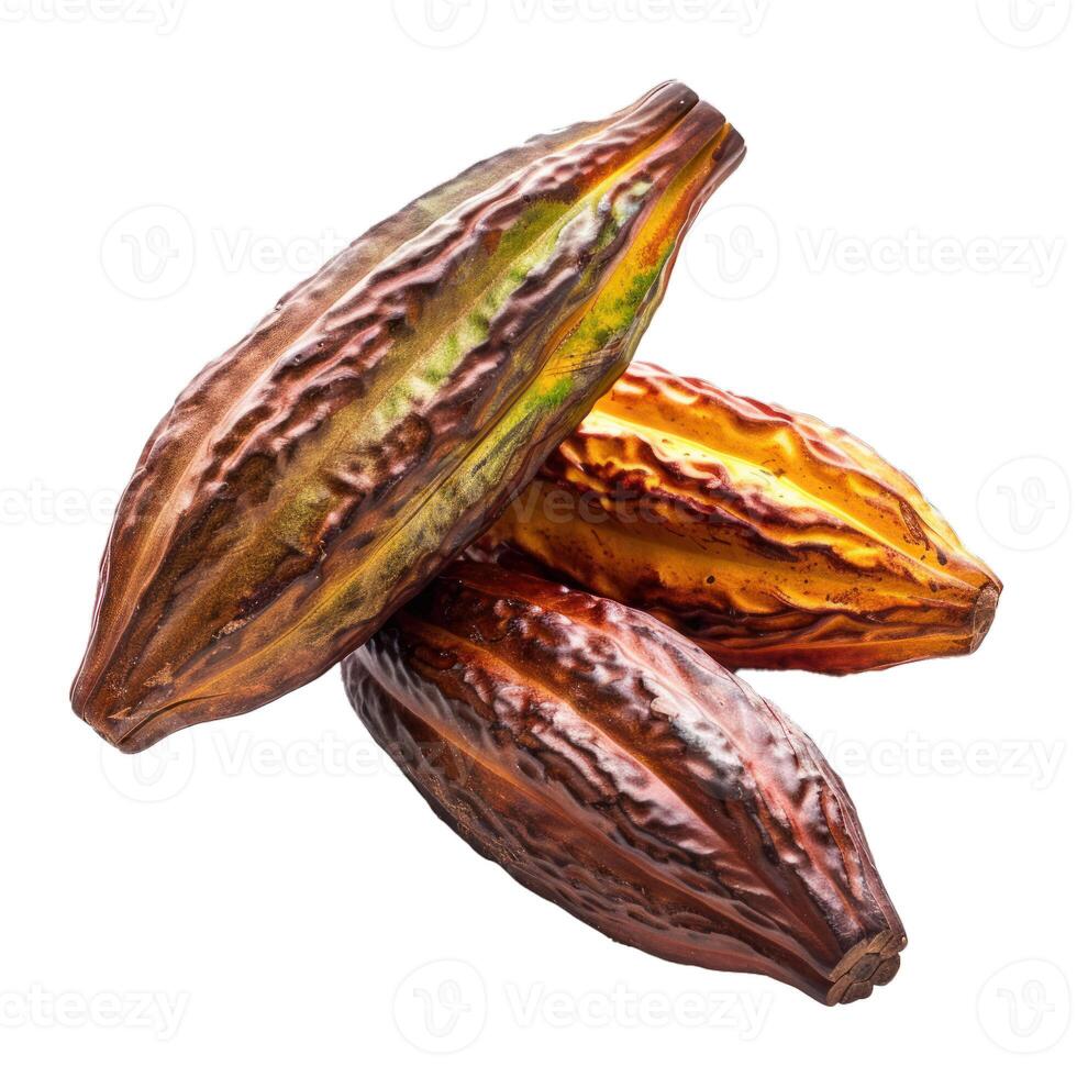 Three whole ripe cocoa pods forming a triangle on white background photo