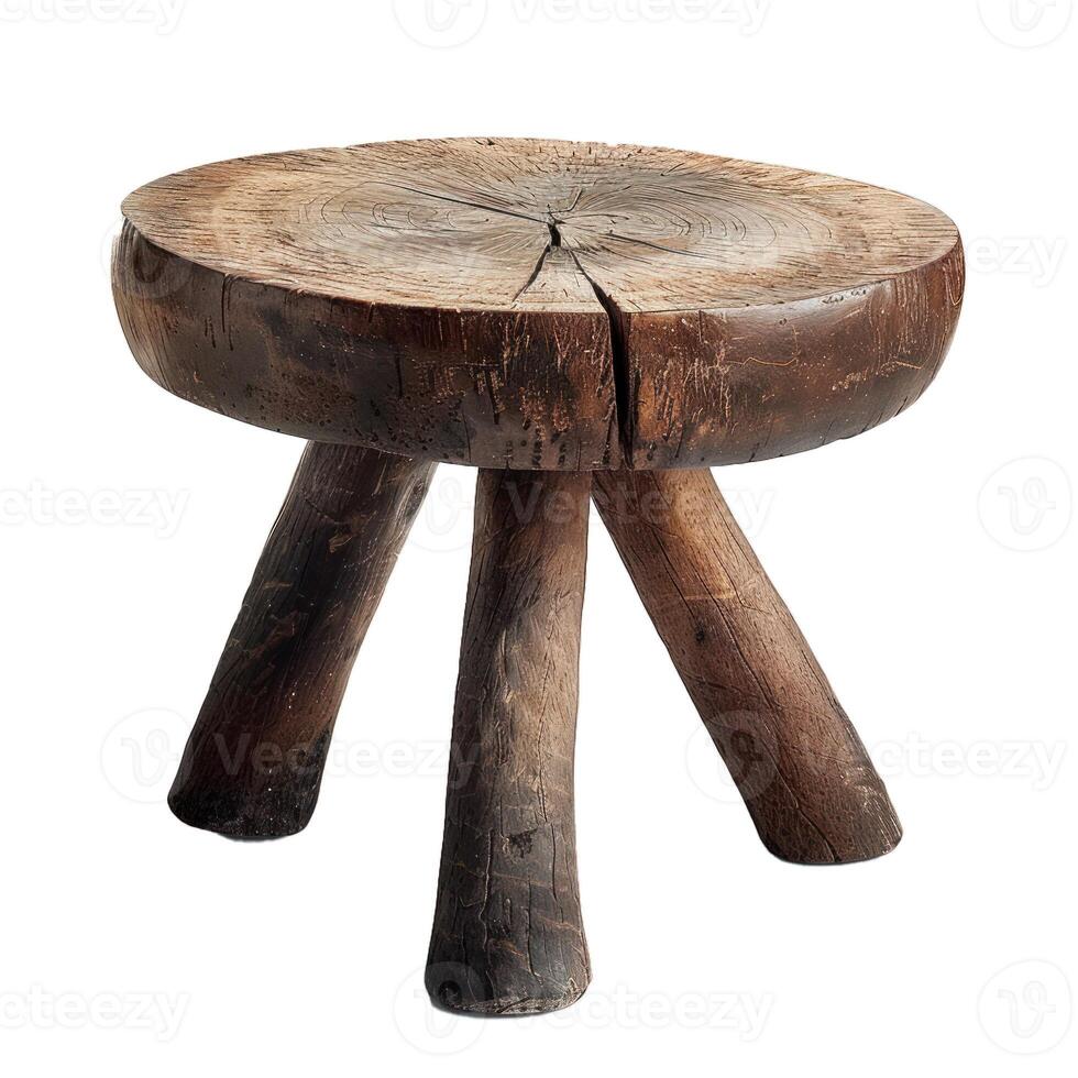 Rustic wooden stool showing natural wood grain isolated on white photo