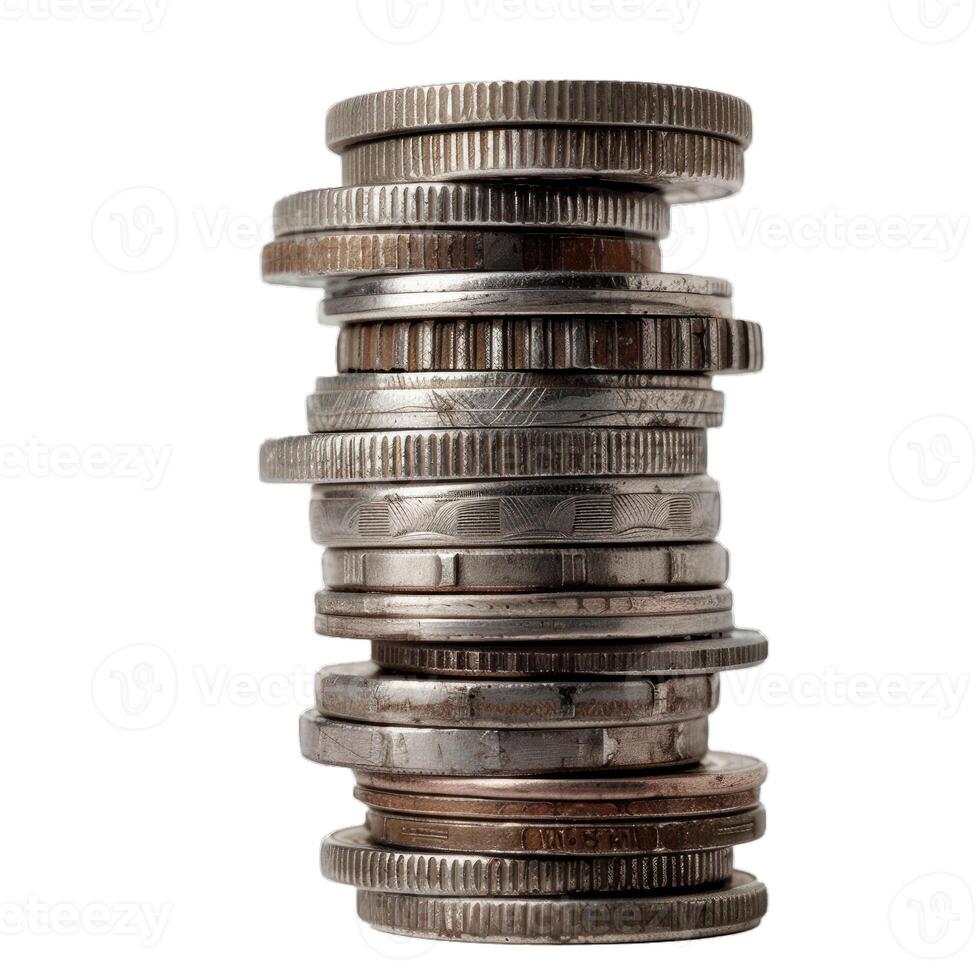 Stack of old coins balancing on white background photo