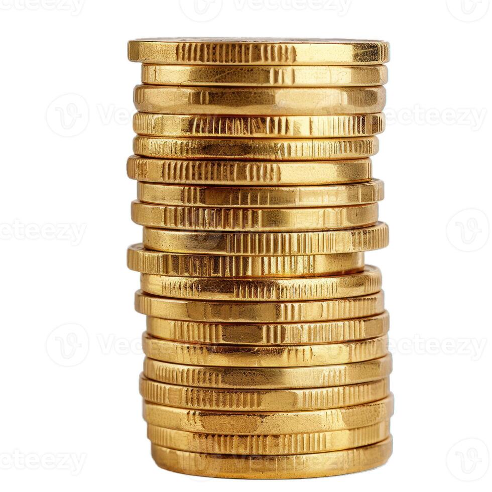 Tall stack of gold coins growing on white background photo