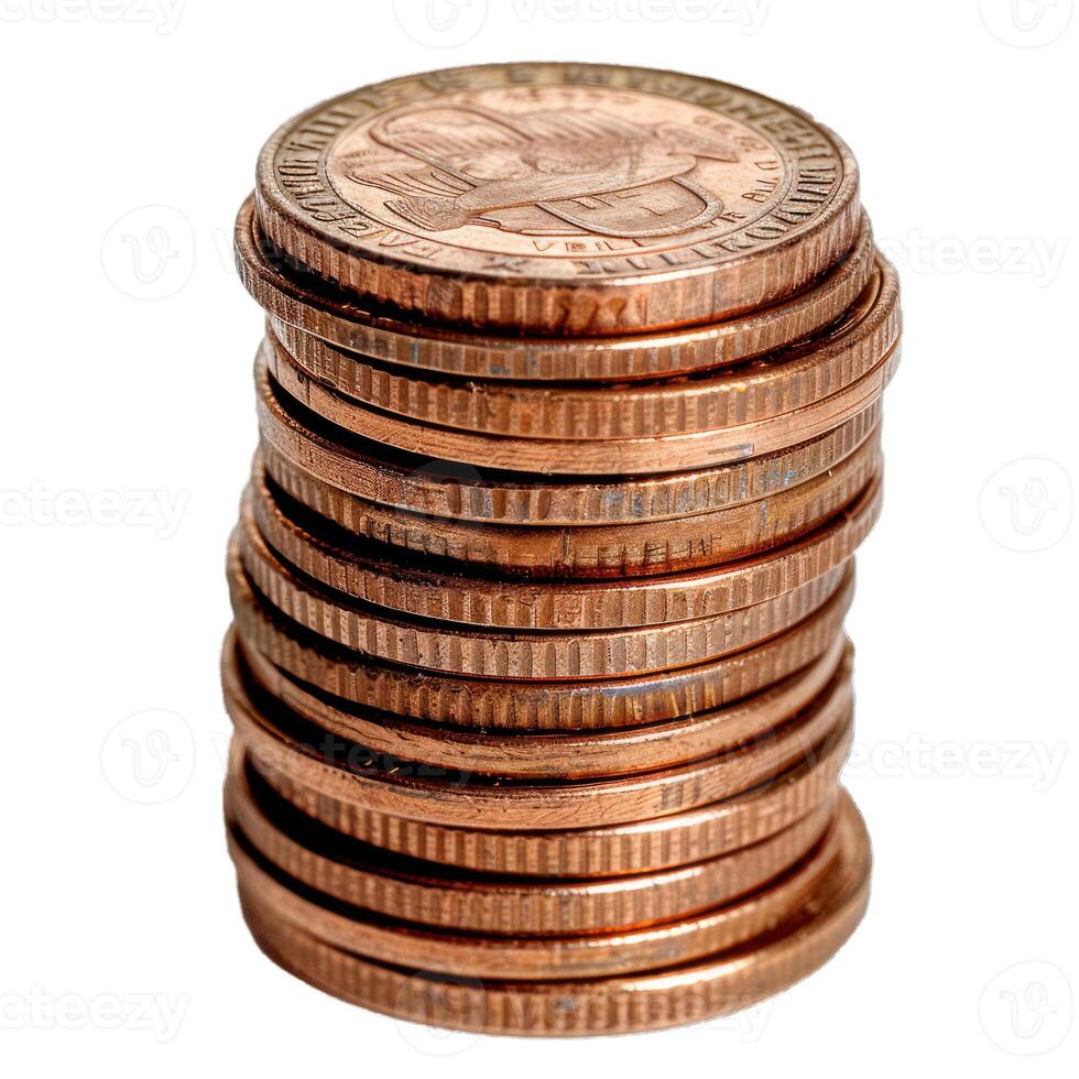Stack of old copper coins isolated on white background photo