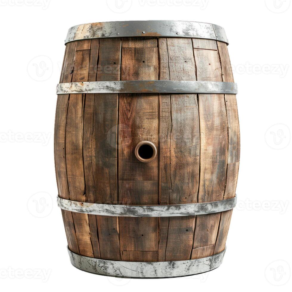 Old wooden barrel with metal rings standing on white background photo