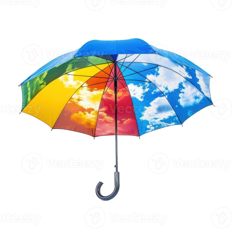 Colorful umbrella with sky and clouds print open on white background photo
