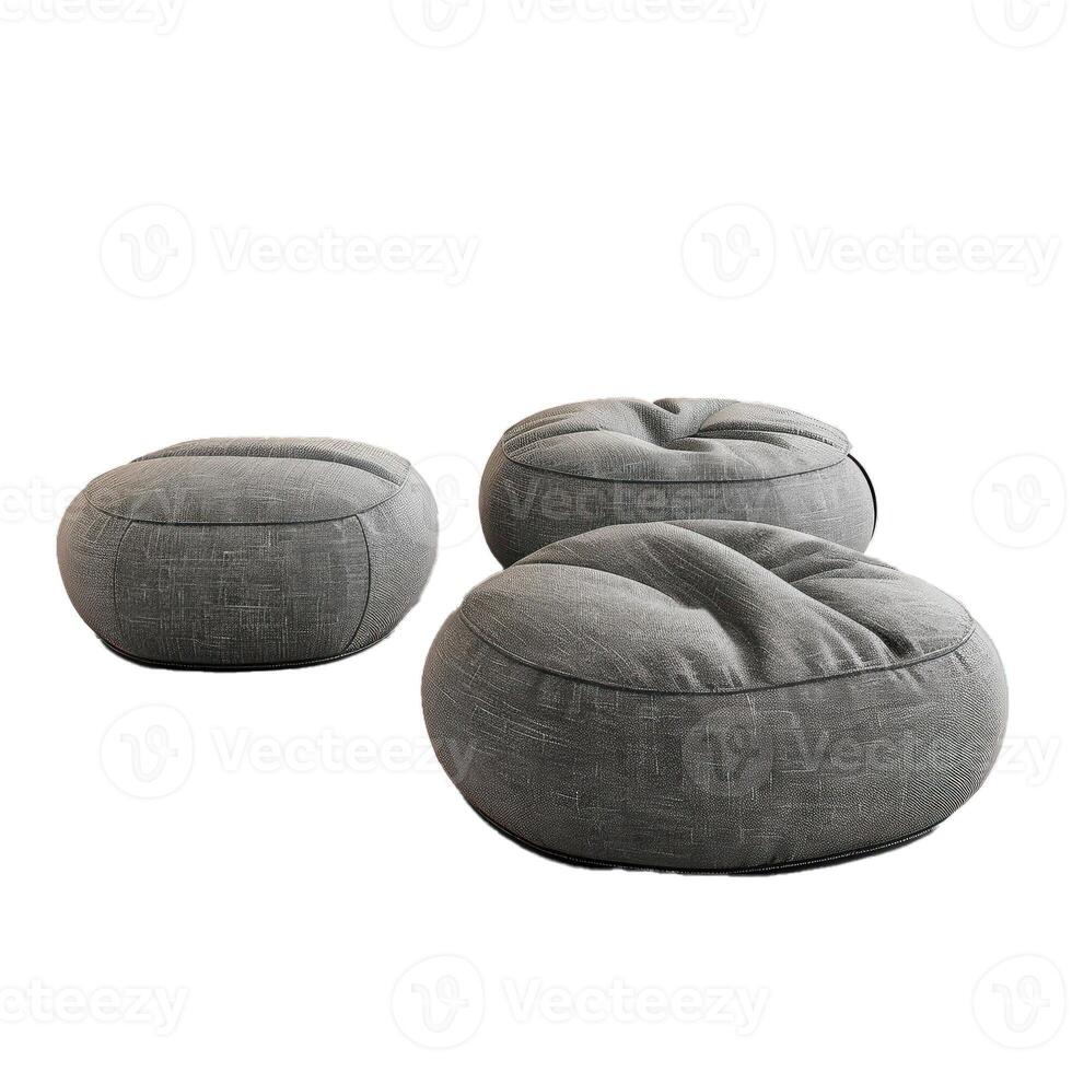 Three fabric poufs standing on white background photo