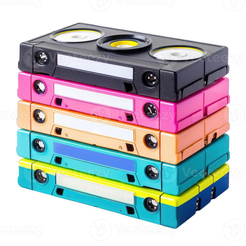 Stack of colorful vhs cassette tapes isolated on white background photo