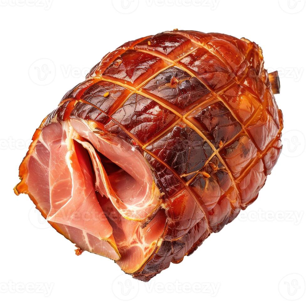 Roasted pork ham showing slices on white background photo