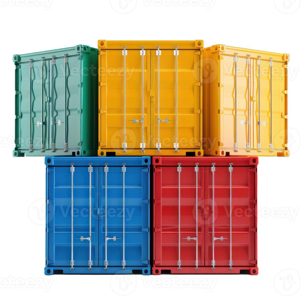 Stack of colorful shipping containers on white background representing global trade and logistics photo