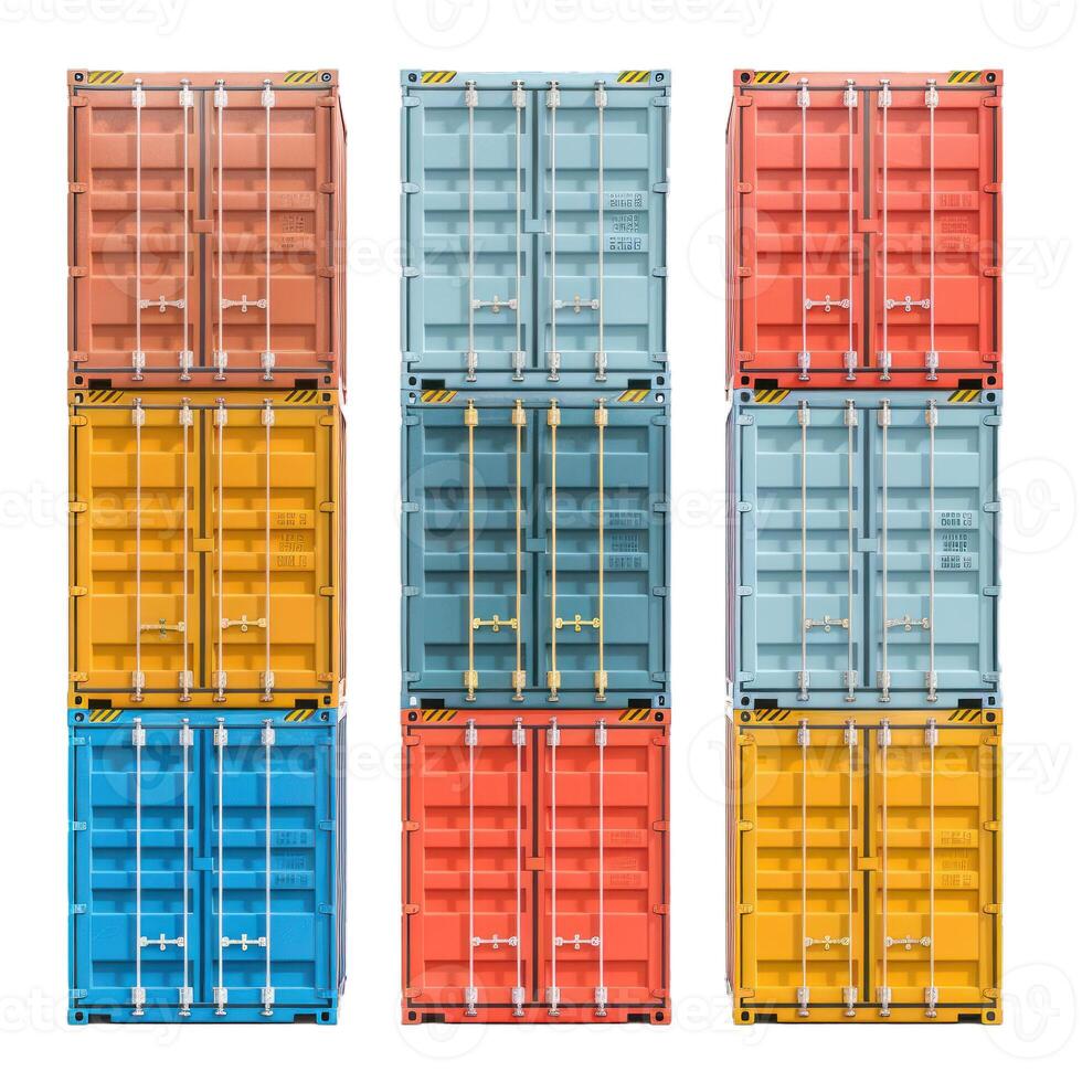 Stack of colorful cargo containers standing isolated on white background photo
