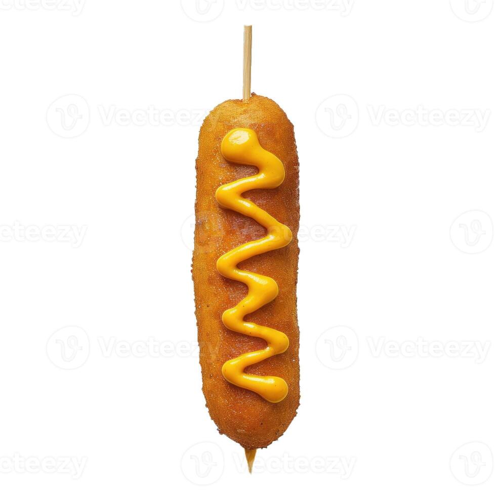Delicious corn dog impaled on a wooden stick, drizzled with mustard on white background photo