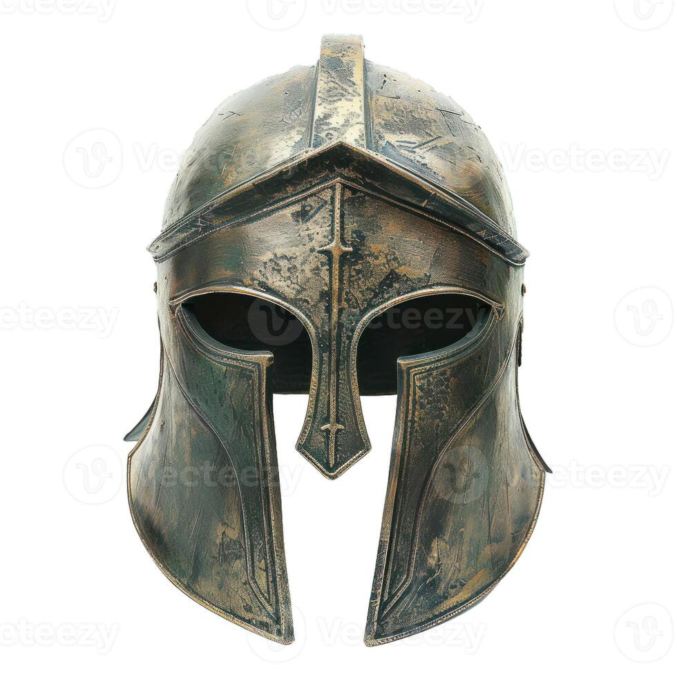 Ancient bronze spartan helmet isolated on white background photo