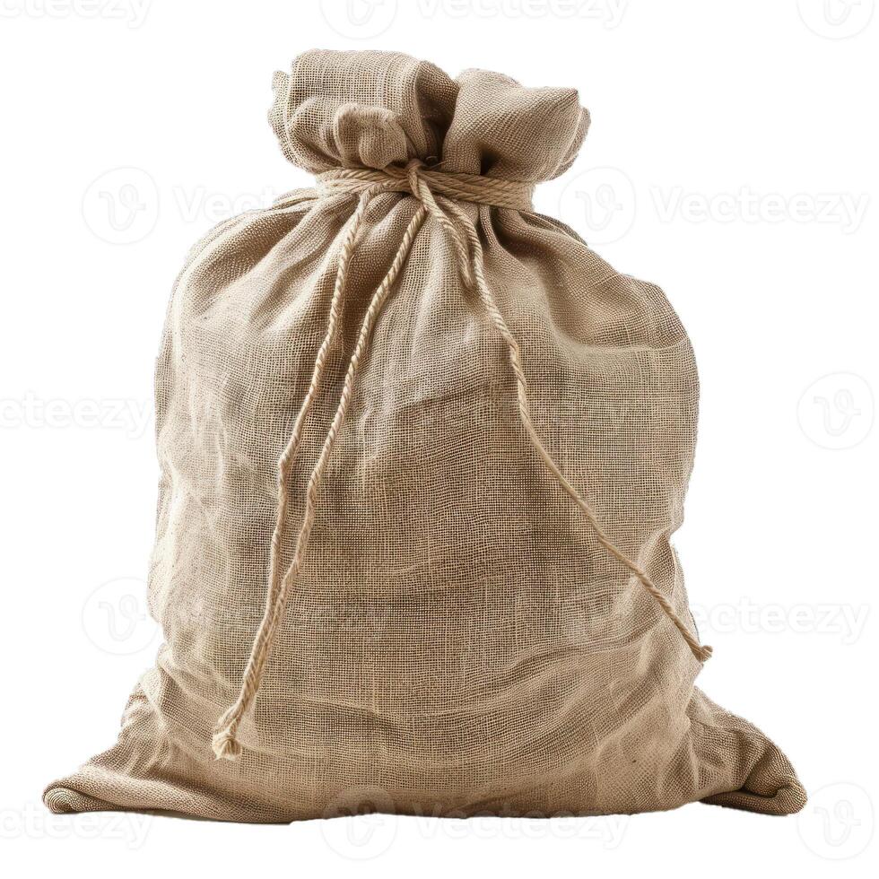 Full burlap sack tied with rope isolated on white background photo