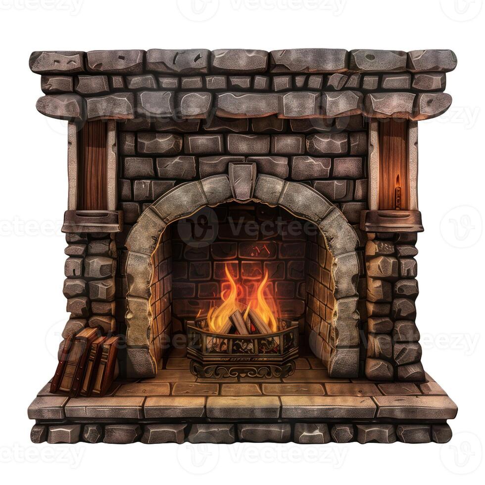 Burning fireplace with stone decoration and books on the side photo