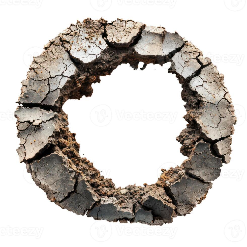 Cracked and dried soil forming a circle shape on white background photo