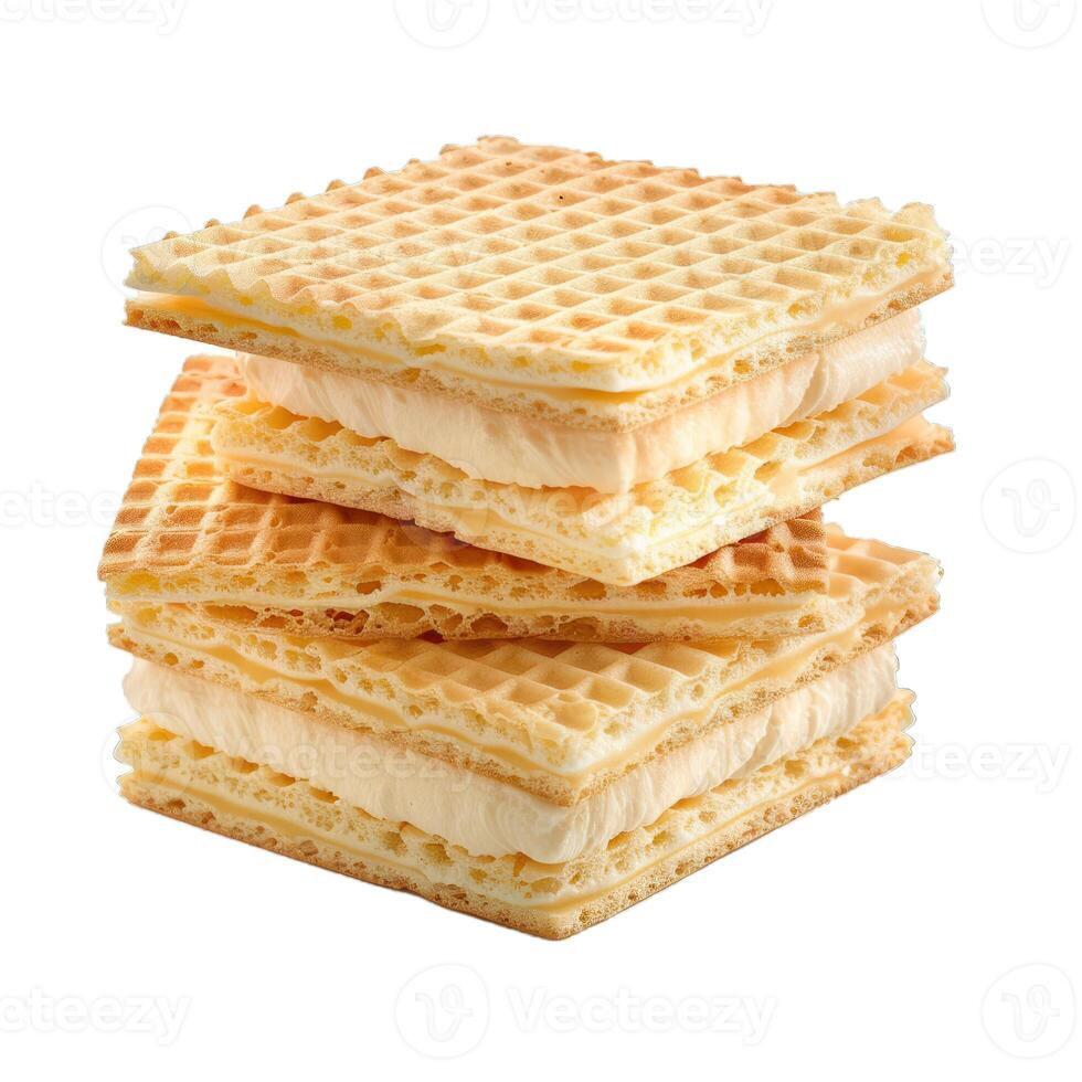 Stack of square wafers with milk filling on white background photo
