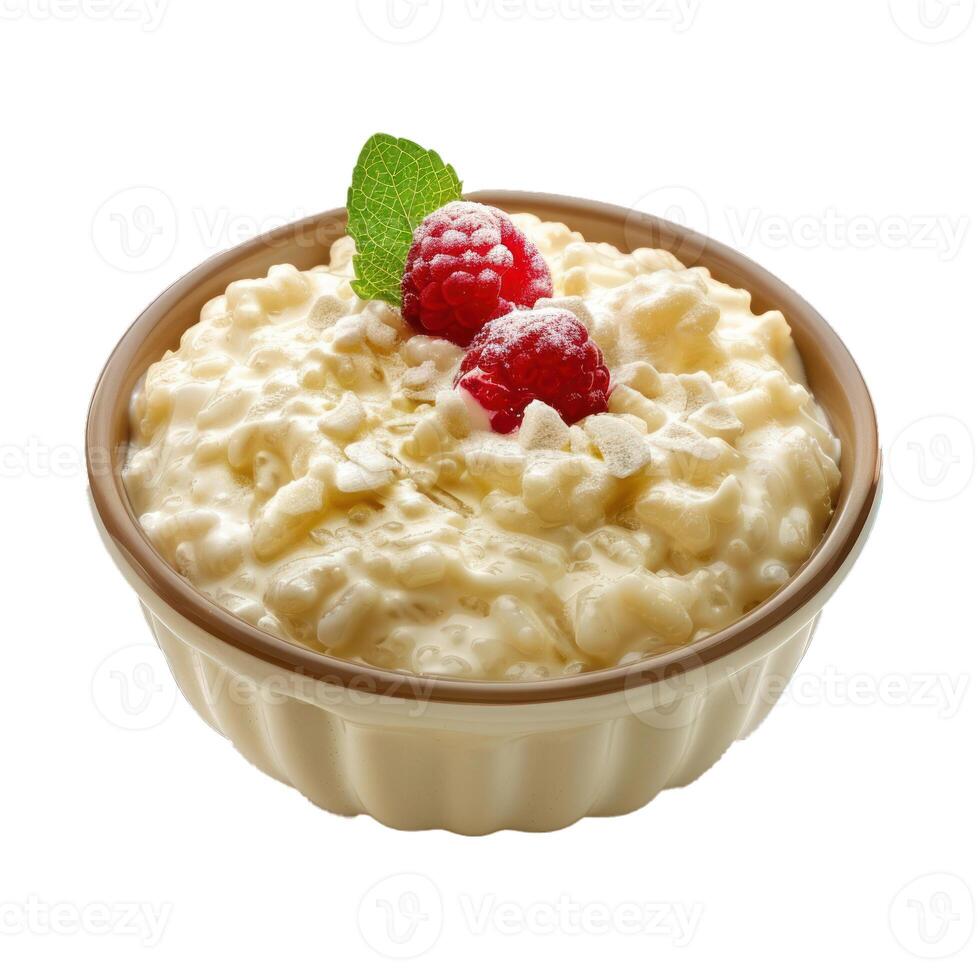 Delicious rice pudding with raspberries and coconut flakes in a bowl photo