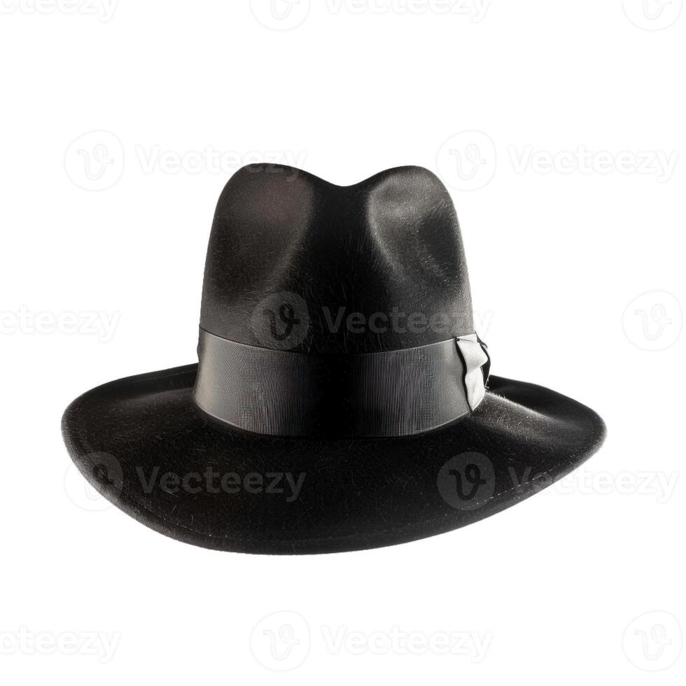 Black fedora hat with black ribbon isolated on white background photo