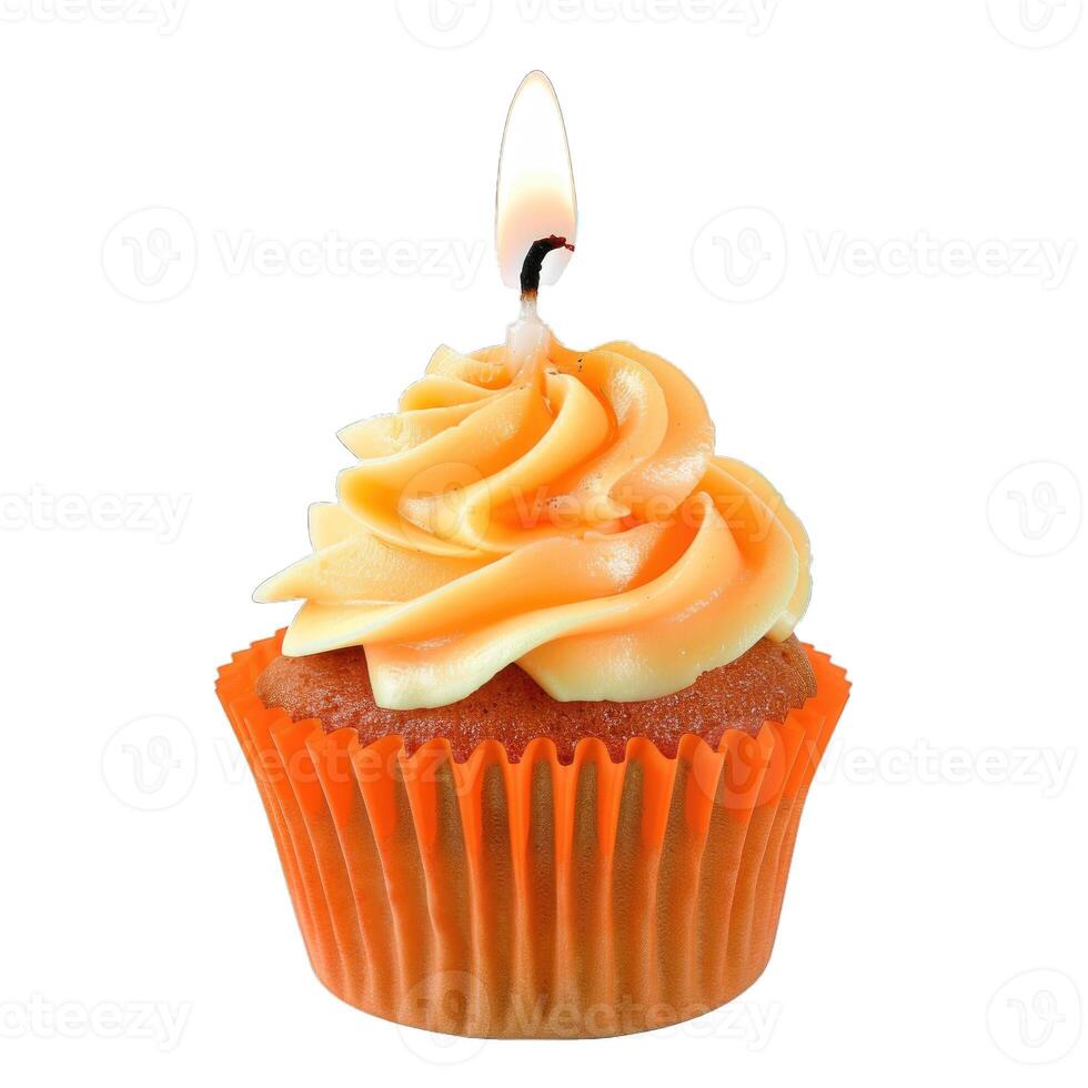Orange cupcake with lit candle celebrating birthday photo