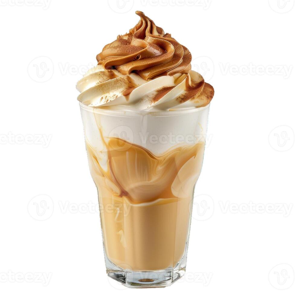 Caramel coffee frappe topped with whipped cream and cinnamon drizzle photo