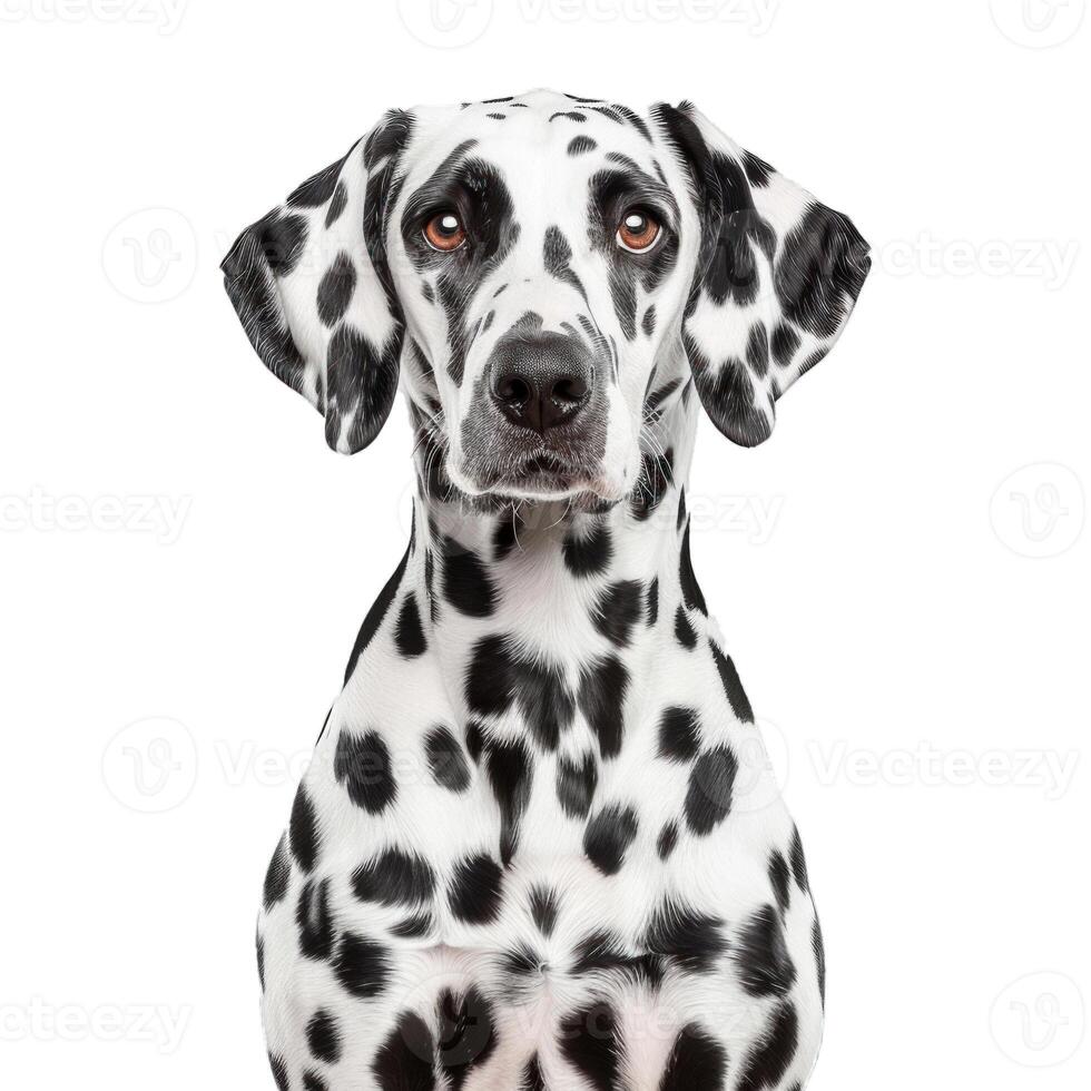 Dalmatian dog looking at camera on white background photo