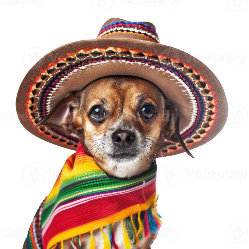 Cute dog wearing sombrero and serape posing for portrait photo